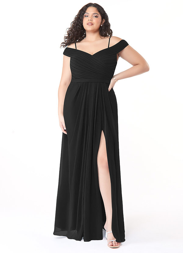 Azazie Audrianna Bridesmaid Dresses Black A-Line Off-The-Shoulder Gathered Chiffon Convertible Dress image1