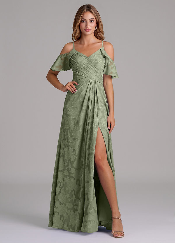 Azazie Dakota Bridesmaid Dresses Pistachio A-Line Off the Shoulder Floral Burnout Dress image1