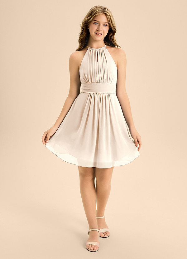 Azazie Bonnie Junior White Alabaster A-Line Pleated Chiffon Dress image1