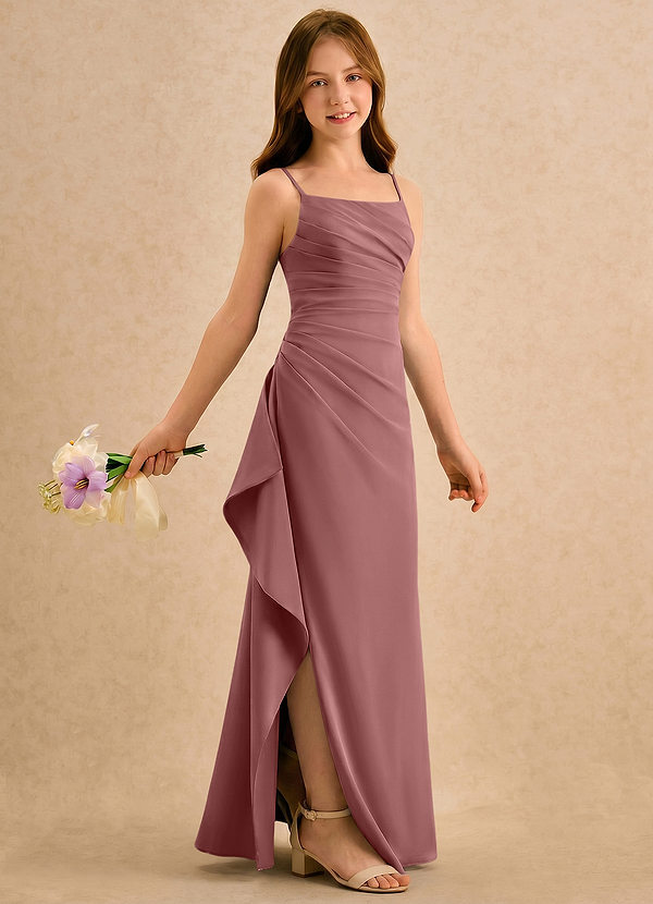 Azazie Cannoli Girls Formal Robes de cortège enfant Robe Trapèze en Mousseline de soie Plissée Rose Du Désert image1