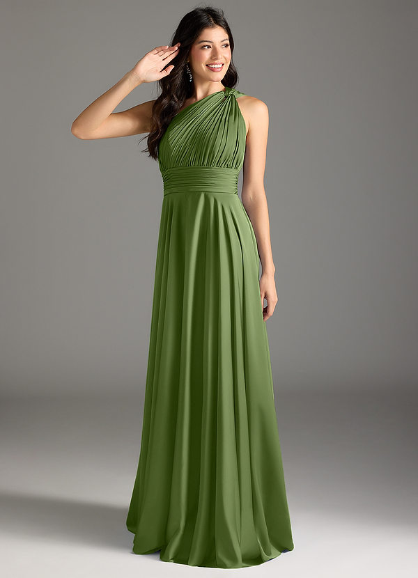 Azazie Charlize Bridesmaid Dresses Juniper A-Line One Shoulder Stretch Satin Dress image1