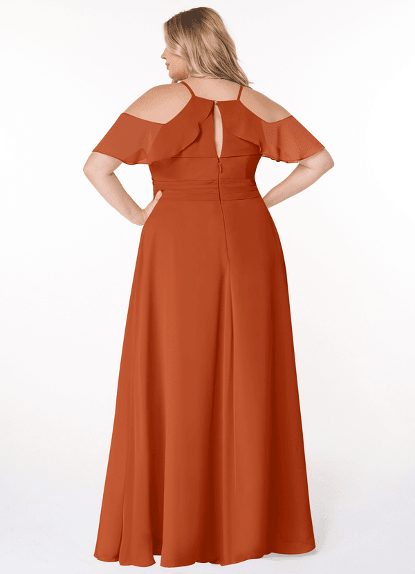 Azazie Dakota Bridesmaid Dresses Burnt Orange A-Line V-Neck Pleated Chiffon Dress image1