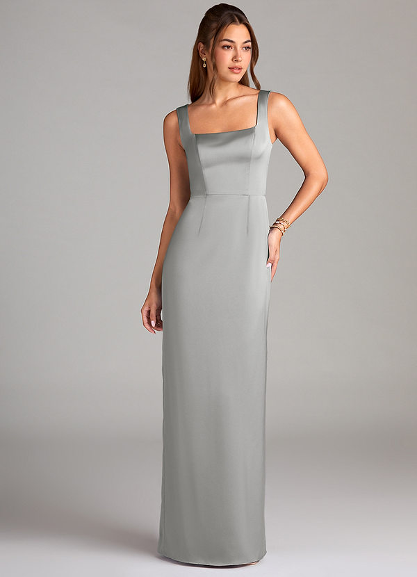 Azazie Flori Bridesmaid Dresses Silver Sheath Side Slit Stretch Satin Dress image1