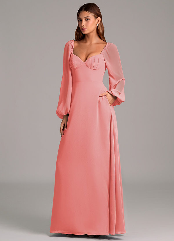 Azazie Annistyn 신부 들러리 드레스 A라인 긴팔 쉬폰 바닥 길이 드레스 image1