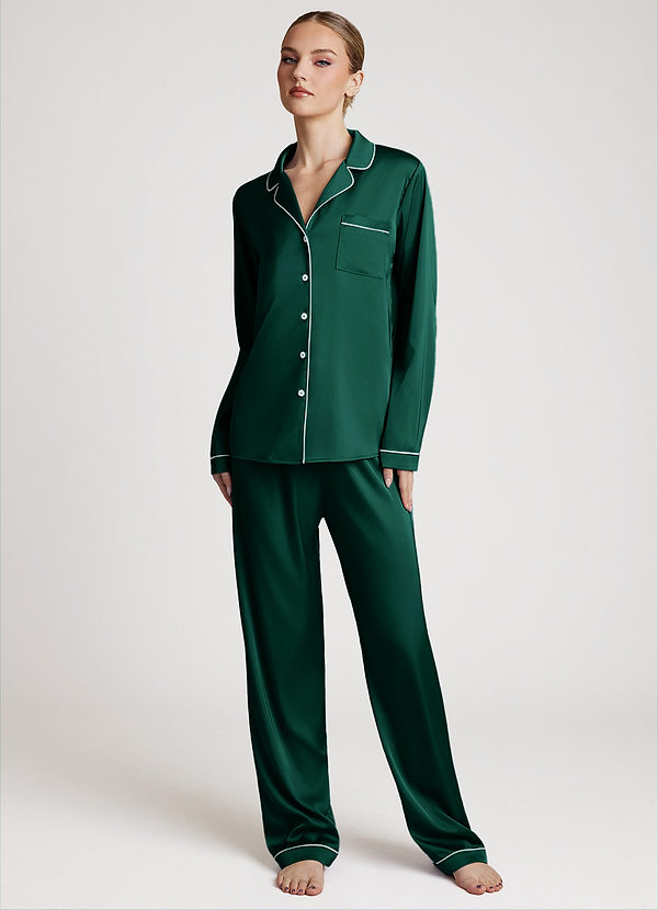 front Emerald Long Sleeves and Pants Satin PJ Set