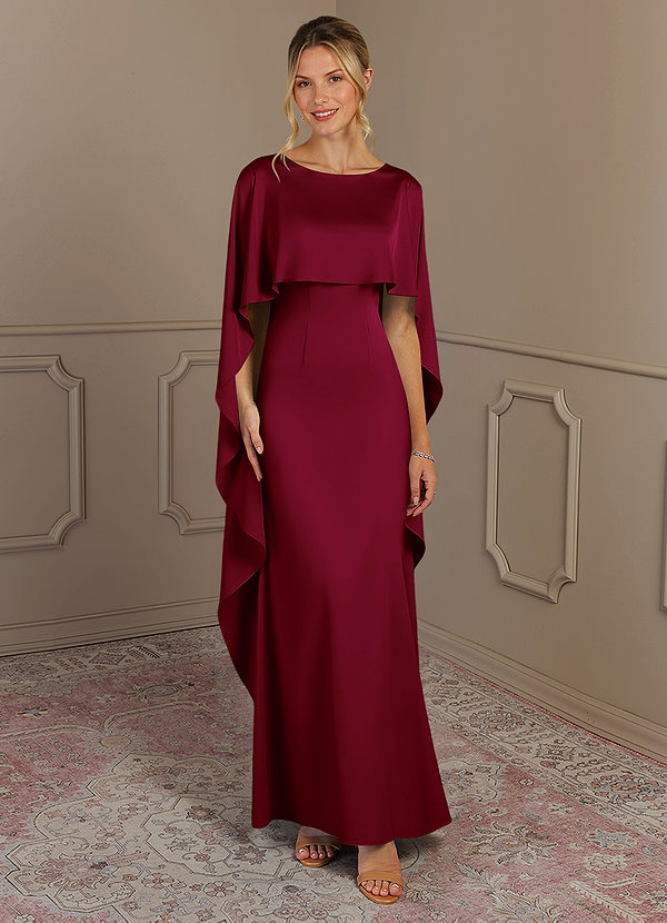 Azazie Eli Mother of the Brides Dresses Burgundy Sheath Boatneck Stretch Satin Dress image1