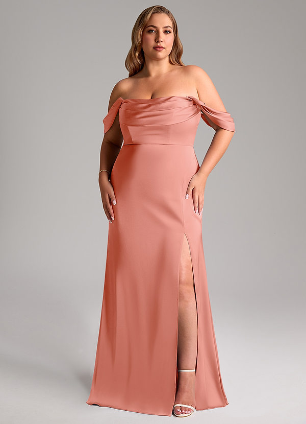 Azazie Saige Bridesmaid Dresses Coral Sheath Off the Shoulder Stretch Satin Dress image1