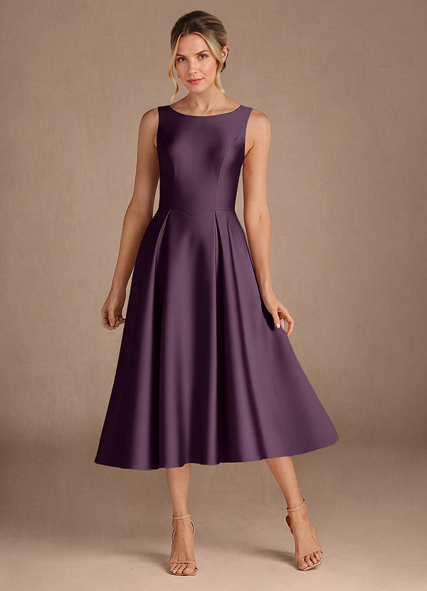 Azazie Fulton Mother of the Brides Dresses Plum A-Line Pleated Stretch Satin Dress image1