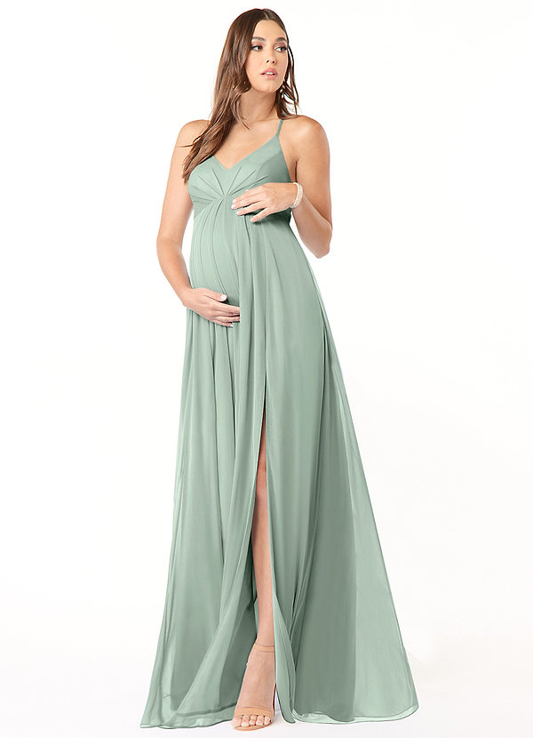 Azazie Annabelle Vestidos de dama de honor de maternidad Vestido de Corte En A Cuello en V plisado Hasta el suelo Malla image1