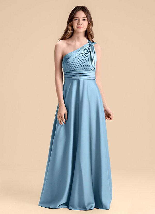 Azazie Charlize Junior Abito A-Line in Raso Elasticizzato Plissettato Blu Acciaio image1