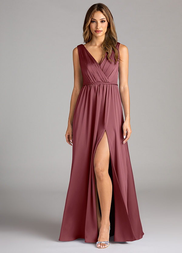 Azazie Tanicia Bridesmaid Dresses Desert Rose A-Line Pleated Stretch Satin Dress image1