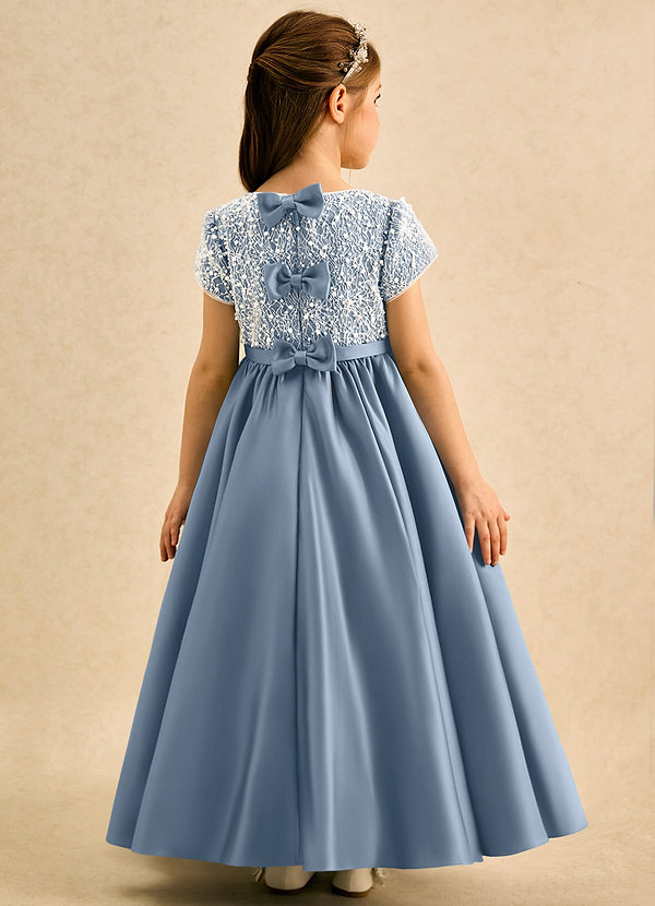 Azazie Cashew Flower Girl Dresses Dusty Blue Ball-Gown with Sleeves Matte Satin Dress image1