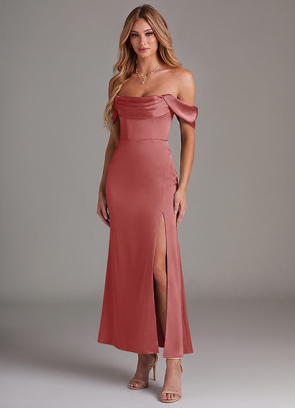 Azazie Saige 신부 들러리 드레스 인어 오프 더 숄더 스트레치 새틴 발목 길이 드레스 image1