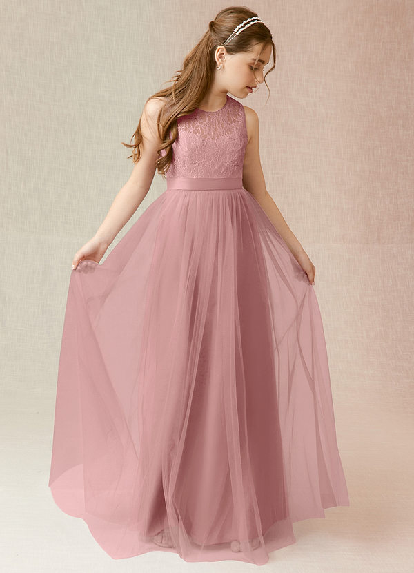 Azazie Georgette Junior Dusty Rose A-Line Lace Tulle Dress image1