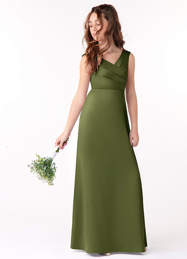 Azazie Sadia Junior Olive A-Line Pleated Stretch Satin Dress image1