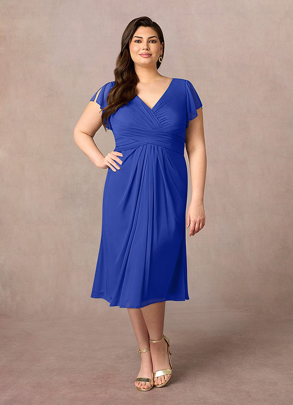 Azazie Vera Mother of the Brides Dresses Royal Blue A-Line V-Neck Pleated Mesh Dress image1