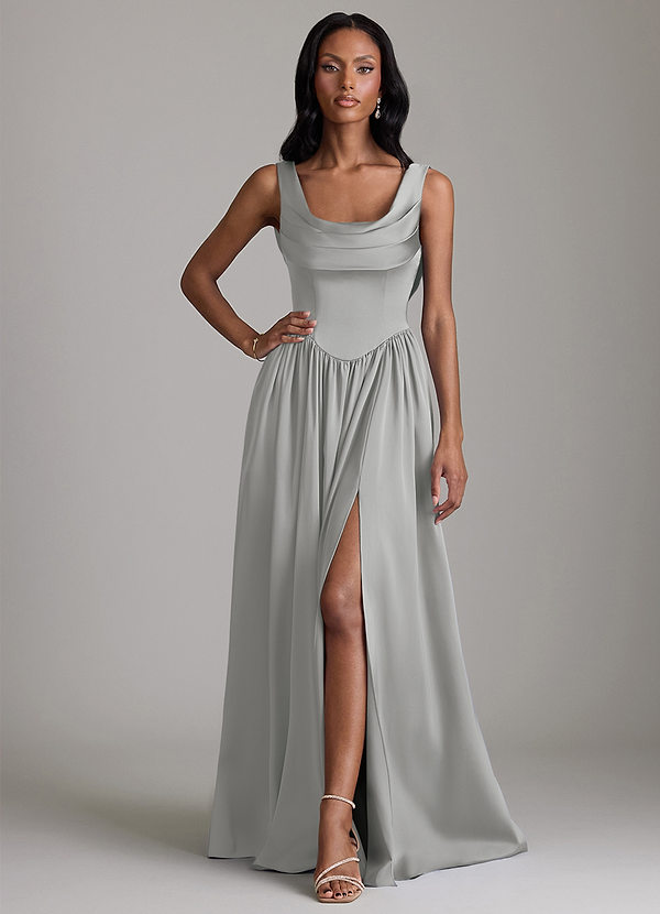 Azazie Novi Bridesmaid Dresses Vestido Prata de Cetim elástico de Linha A com com bolsos image1