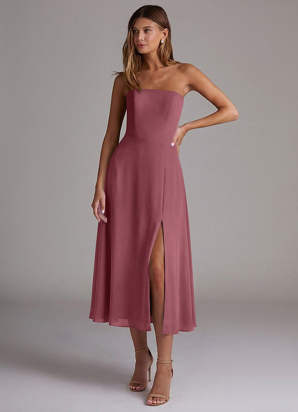 Azazie Wren Brautjungfernkleider A-Linie Schulterfrei Chiffon Kleid Wüstenrose image1