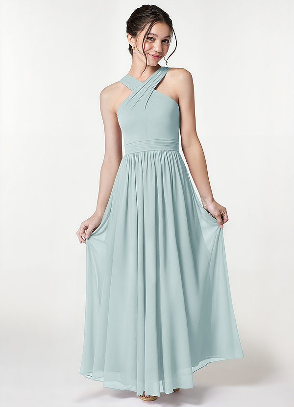 Azazie Jiya Junior Mist A-Line Pleated Mesh Dress image1