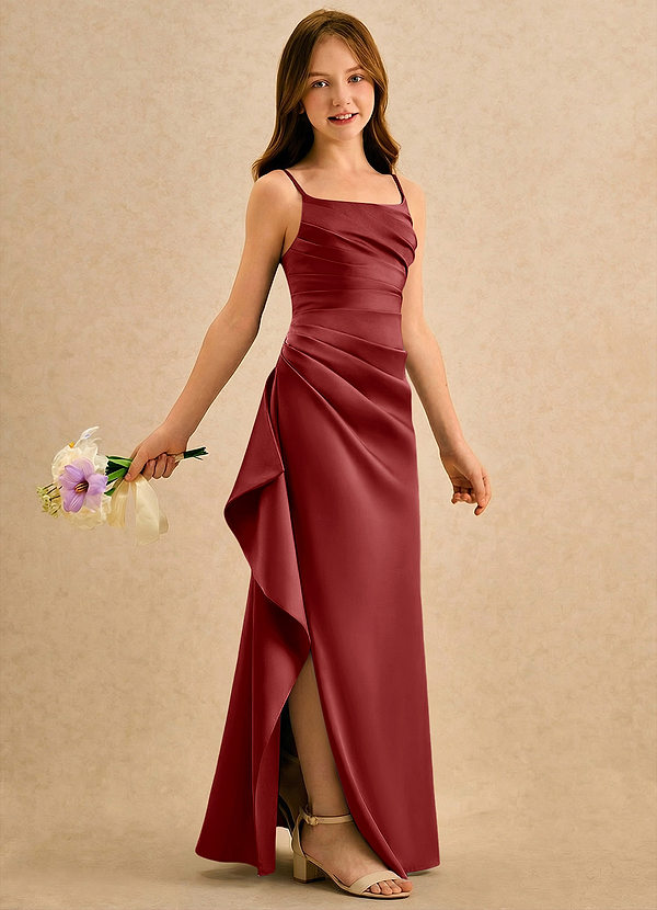 Azazie Cannoli Girls Formal Sukienki dla dziewczynek sypiących kwiaty Linia A Pofałdowany Matowy satynowy Długość podłogi Sukienka image1