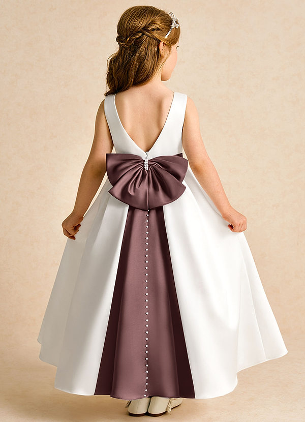 Azazie Cherry Flower Girl Dresses Ivory Espresso Ball-Gown Pleated Matte Satin Dress image1