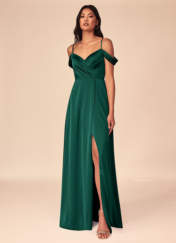 Azazie Ocean Robes Demoiselle d'honneur Robe Trapèze en Satin extensible Col V plissé émeraude image1