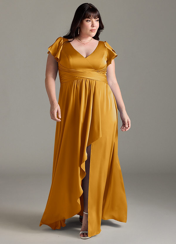 Azazie Omari Bruidsmeisjes Jurken Jurk van Stretch Satijn met A-Lijn Boterbabbelaar image1