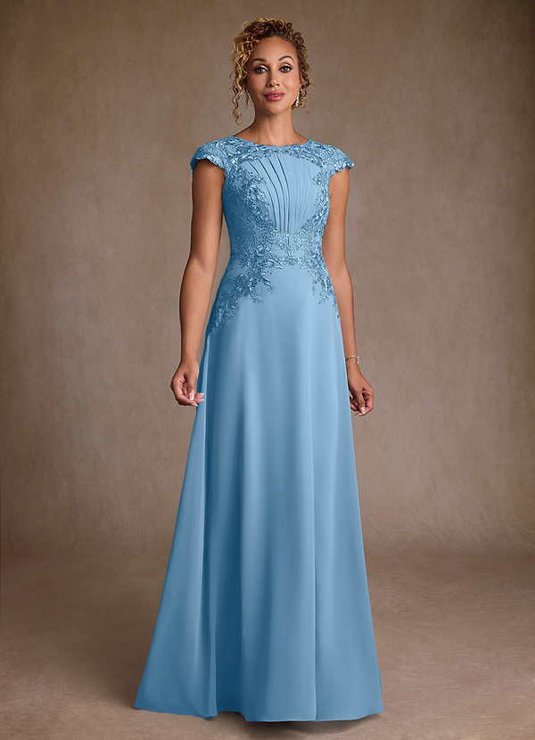 Azazie Christi Mother of the Brides Dresses Steel Blue A-Line Lace Chiffon Dress image1