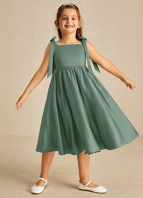Azazie Chelsie Flower Girl Dresses Eucalyptus A-Line Bow Matte Satin Dress image1