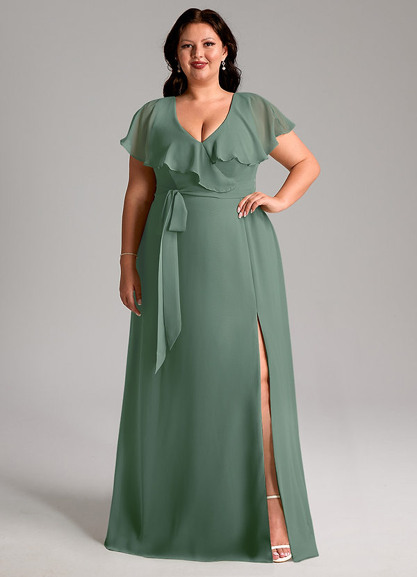 Azazie Lainey Bridesmaid Dresses Eucalyptus A-Line with Pockets Chiffon Dress image1