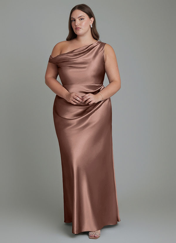 Azazie Emerson Bruidsmeisjesjurken Jurk van Metaalachtig Satijn met Zeemeermin Off-shoulder Espresso image1