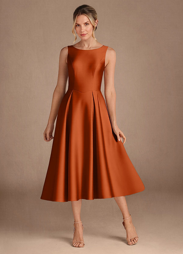 Azazie Fulton Mother of the Bride Dresses Vestido Laranja Queimada de Cetim elástico de Linha A com Plissado image1