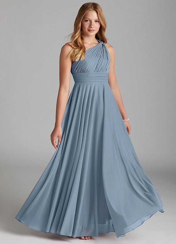 Azazie Charlize Junior Dusty Blue A-Line Mesh Dress image1