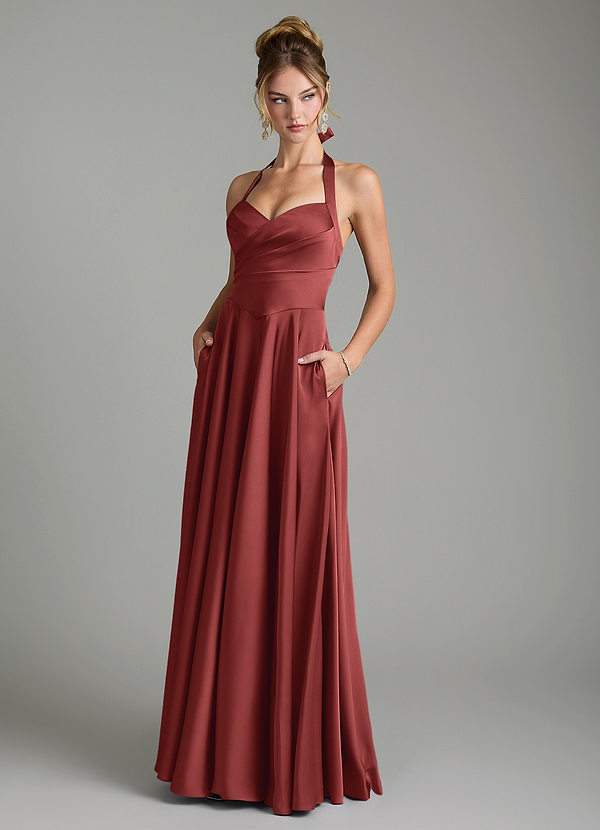 Azazie Tenaya Bridesmaid Dresses Terracotta A-Line Sweetheart Neckline Stretch Satin Dress image1