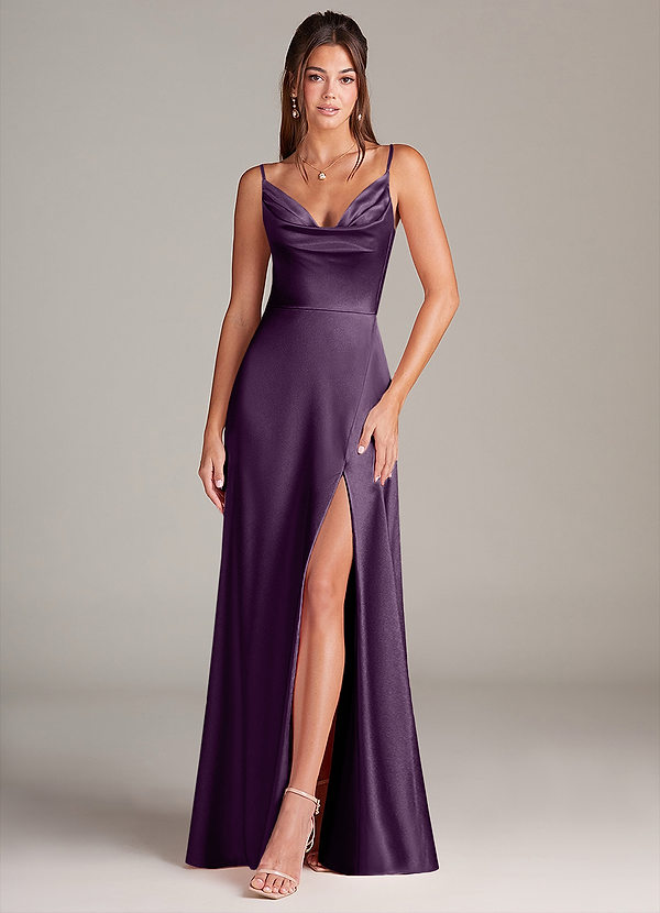Azazie Sarella Brautjungfernkleider A-Linie mit Taschen Metallischer Satin Kleid Pflaume image1