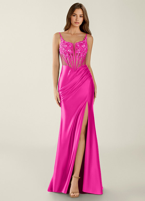 Zahara Fuchsia V-Neck Lace Corset Mermaid Prom Dress image1