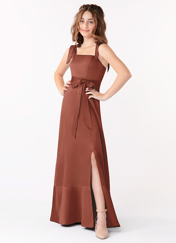 Azazie Barbara Junior Robe Trapèze en Satin extensible Arc Auburn image1