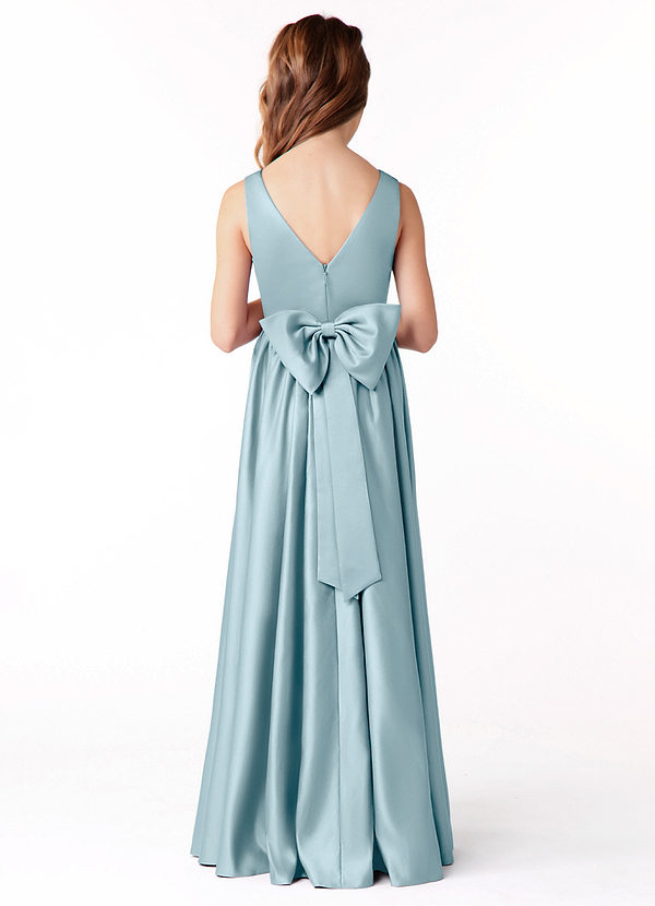 Azazie Hathaway Junior Moody Blue A-Line Bow Stretch Satin Dress image1