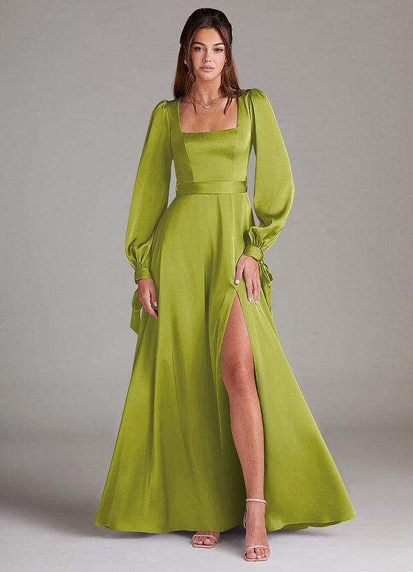 Azazie Leonia Robes Demoiselle d'honneur Robe Trapèze en Satin extensible Manche longue Citronnelle image1