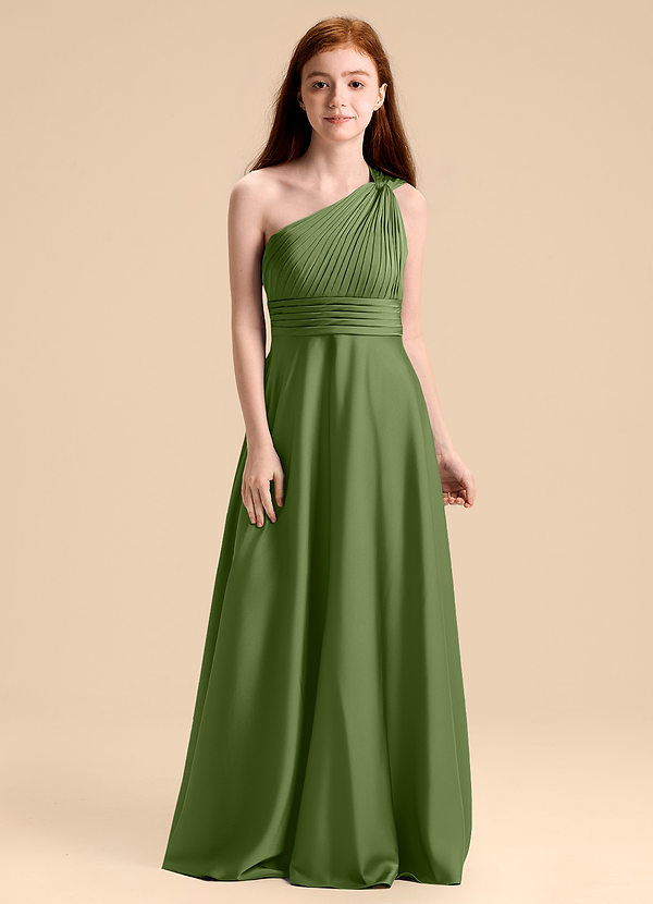 Azazie Charlize Junior Juniper A-Line Pleated Stretch Satin Dress image1