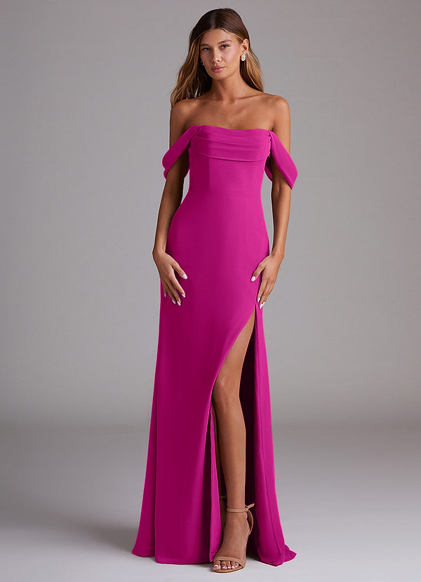 Azazie Saige Bridesmaid Dresses Fuchsia A-Line Off the Shoulder Chiffon Convertible Dress image1