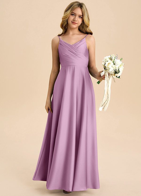 Azazie Bug Junior Robe Trapèze en Satin extensible Plissé Glycine image1