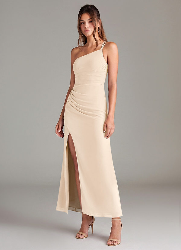 Azazie Eren 신부 들러리 드레스 인어 한쪽 어깨 쉬폰 발목 길이 드레스 image1