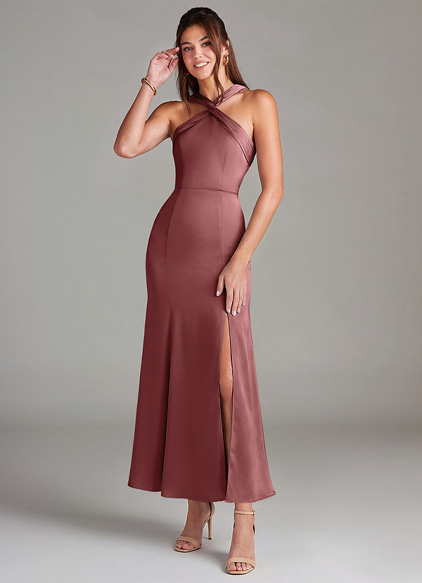 Azazie Rue Koszorúslány ruhák Sellő Rakott Stretch szatén Bokáig érő Ruha image1