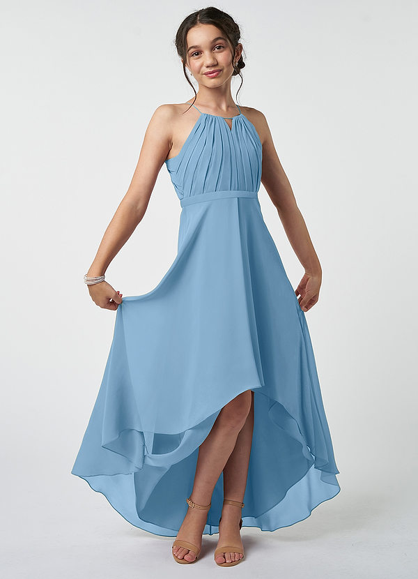 Azazie Oaklynn Junior Robe Trapèze en Mousseline de soie Plissée Acier Bleuté image1
