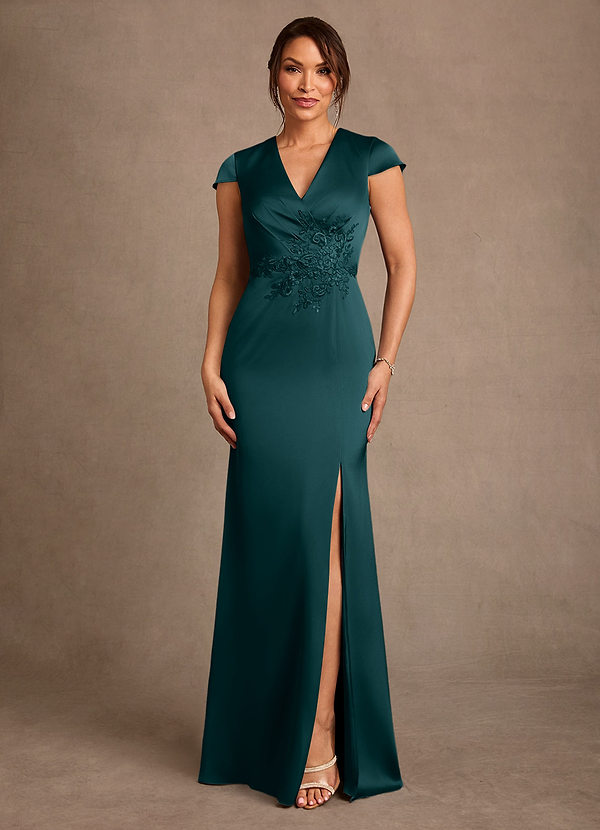 Azazie Rilda 신부의 어머니 드레스 쉬스 레이스 스트레치 새틴 플로어 길이 드레스 image1