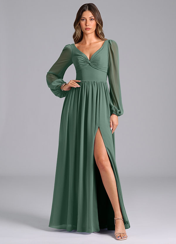 Azazie Teri Vestidos Dama de Honor Vestido de Musgo Marino de Gasa de Corte en A con Manga larga image1