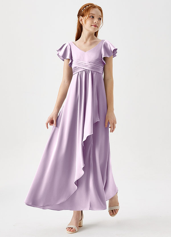 Azazie Omari Junior Frosted Lilac A-Line Pleated Stretch Satin Dress image1