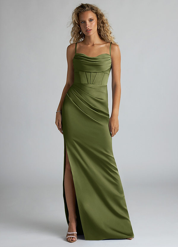 Azazie Mai Bridesmaid Dresses Olive Sheath Pleated Stretch Satin Dress image1