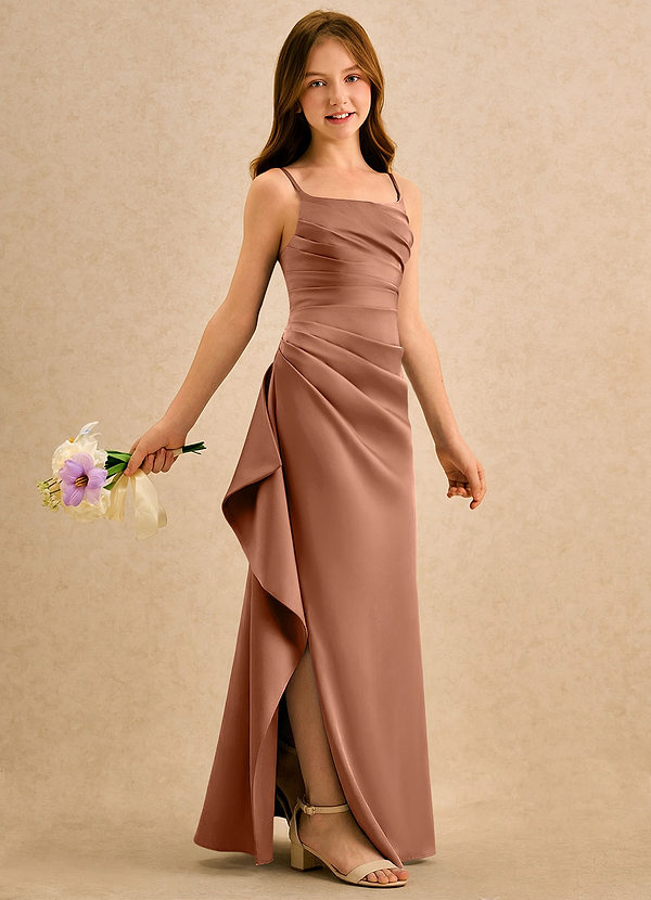Azazie Cannoli Girls Formal Flower Girl Dresses Bronzer A-Line Pleated Stretch Satin Dress image1
